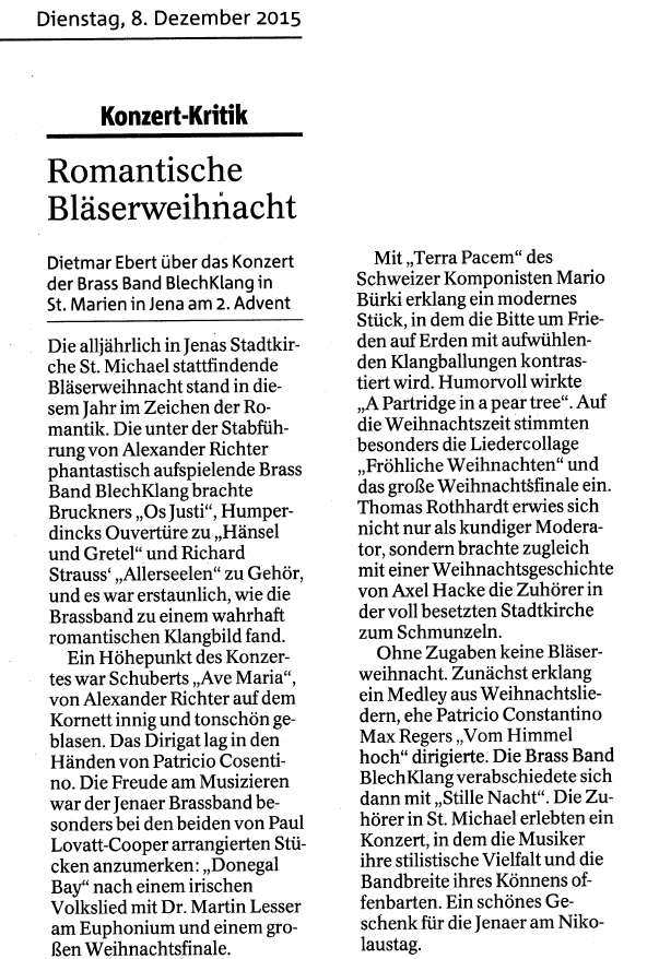 Artikel aus der Ostthüringer Landeszeitung vom 08. Dezember 2015 zu unserer "Romantischen Bläserweihnacht" in der Jenaer Stadtkirche am 06. Dezember 2015