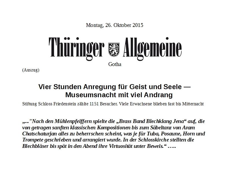 Artikel aus der Thüringer Allgemeinen zum Auftritt des Solistenensembles der Brass Band BlechKLANG bei der Gothaer Nacht der Museen