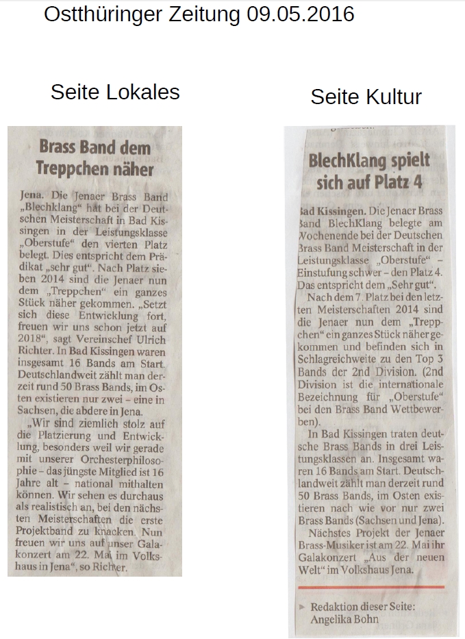 Artikel aus der Ostthüringer Zeitung vom 09.05.2016 zur Deutschen Brass Band Meisterschaft in Bad Kissingen