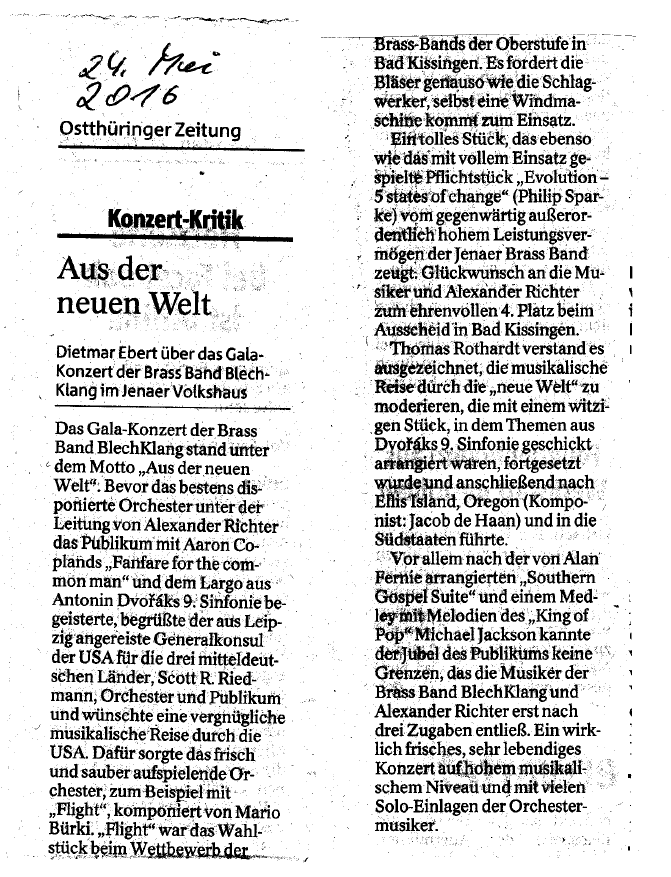 Artikel aus der OTZ vom 24. Mai 2016 zu unserem Galakonzert "Aus der neuen Welt"