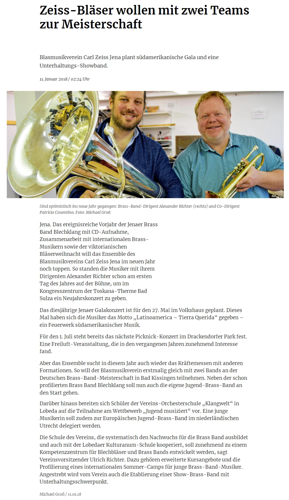 Artikel OTZ Pläne der Brass Band BlechKLANG für 2018