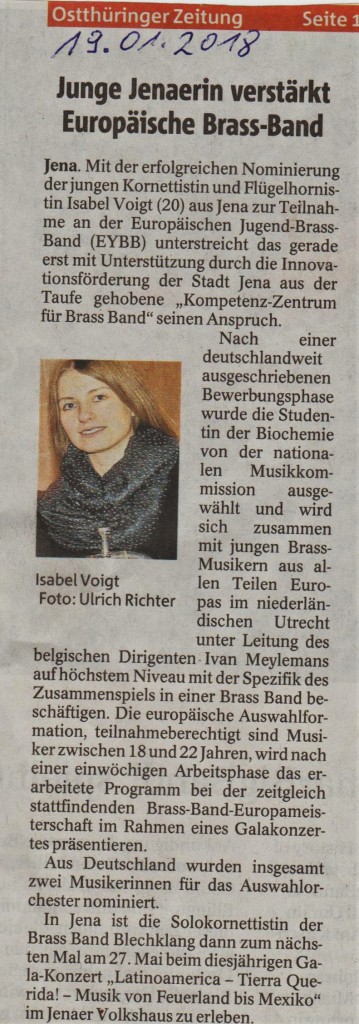 Artikel OTZ Teilnahme Isabel Voigt International Youth Brass Band