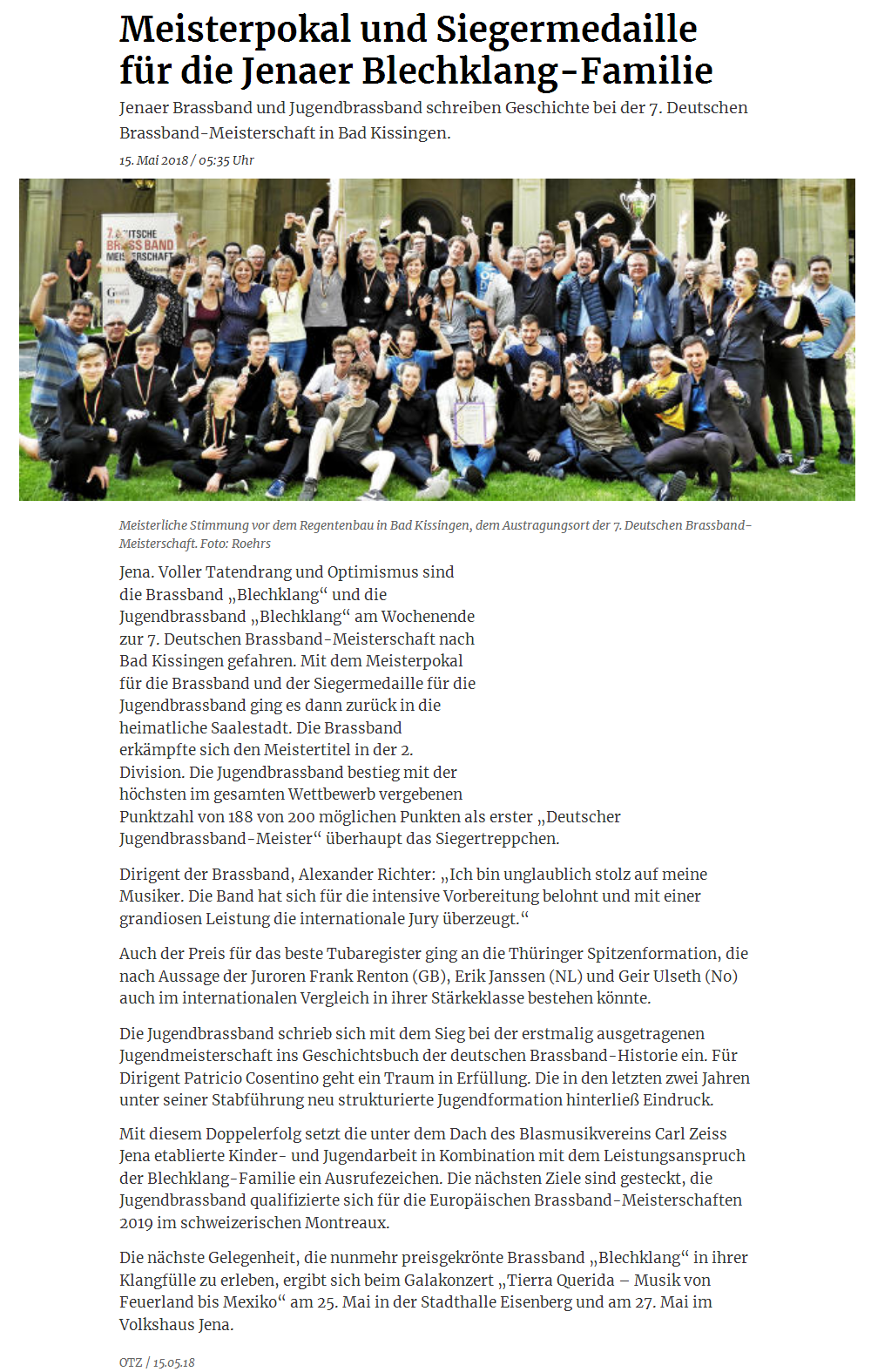 Online-Artikel der OTZ über die Erfolge der Brass Band BlechKLANG und der Jugend Brass Band BlechKLANG bei der Deutsche Brass Band Meisterschaft 2018