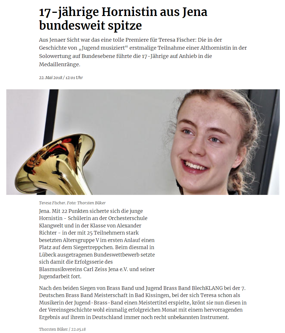 Online-Artikel der OTZ über die Teilnahme von Teresa Fischer am Bundeswettbewerb von Jugend musiziert
