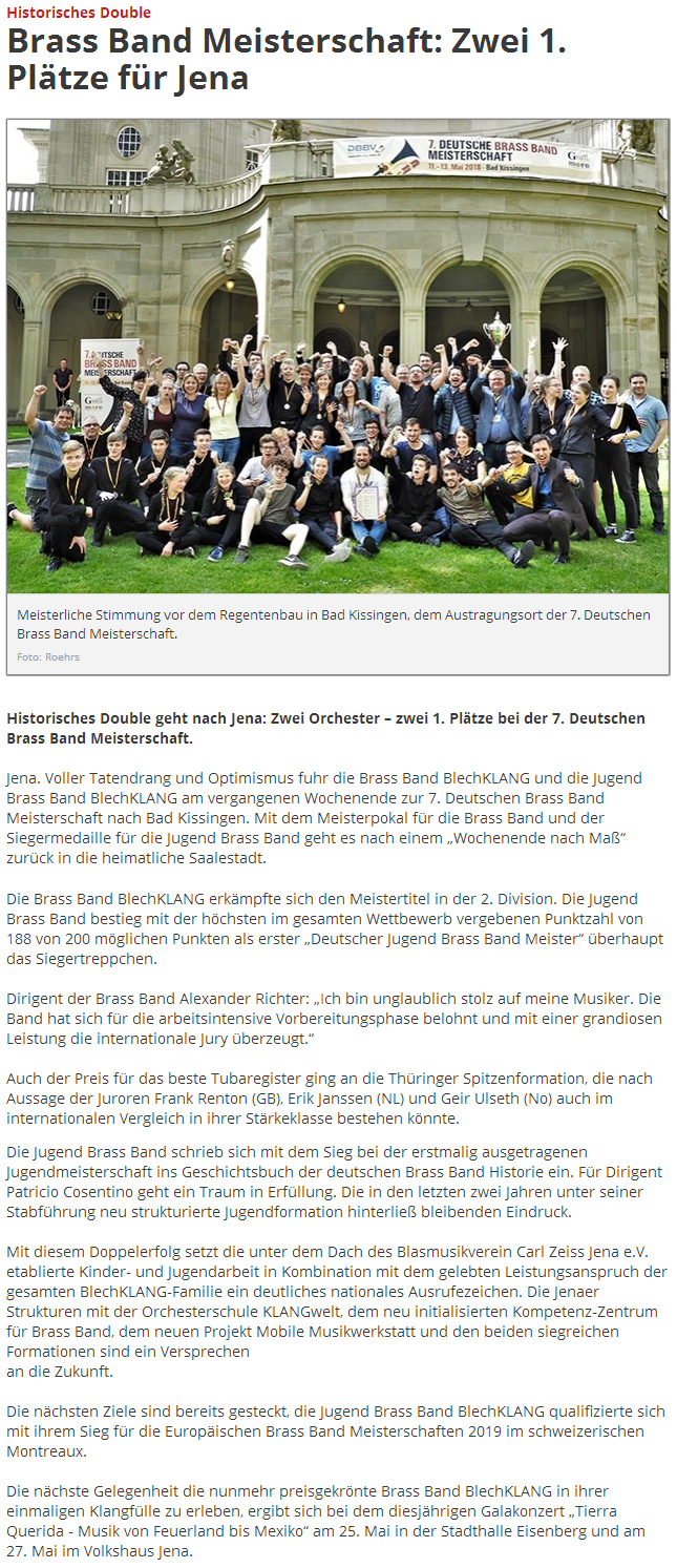 Online-Artikel von Jenaer-Nachrichten.de über die Erfolge der Brass Band BlechKLANG und der Jugend Brass Band BlechKLANG bei der Deutsche Brass Band Meisterschaft 2018