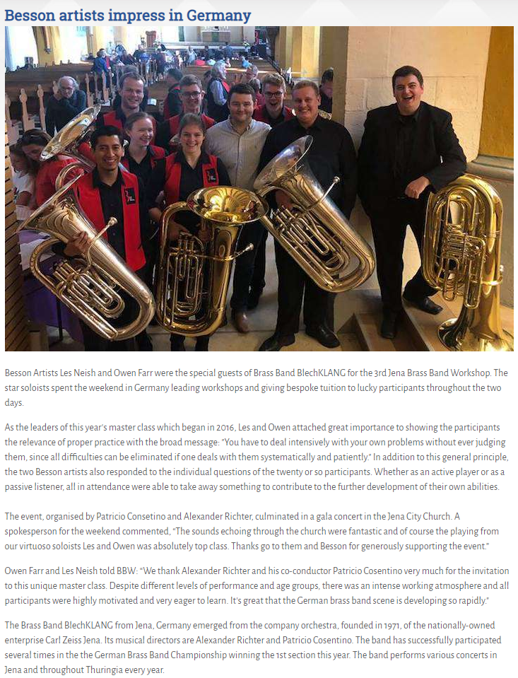 Artikel Brass Band World 3. Jenaer Blechbläserseminar mit Owen Farr und Les Neish