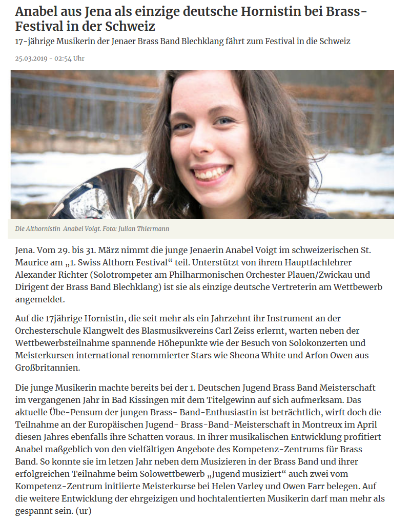 Artikel aus der TLZ über die Teilnahme von Anabel Voigt am Swiss Alto Horn Festival