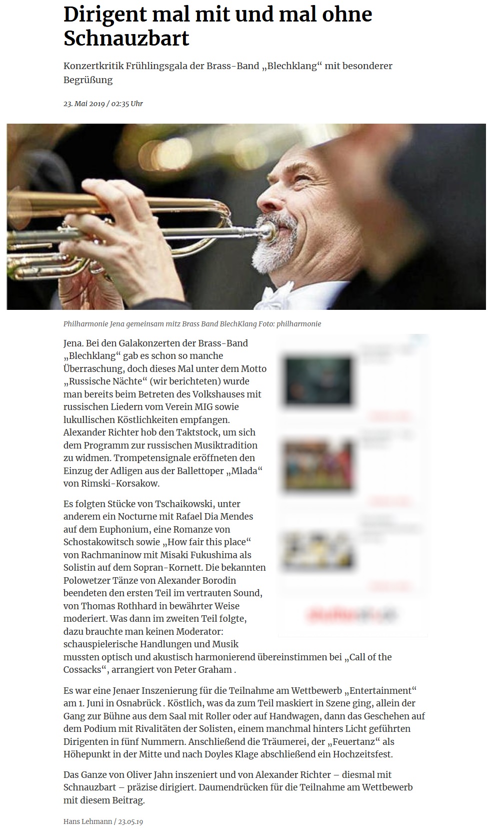 Artikel aus der OTZ über das Galakonzert 2019 der Brass Band BlechKLANG