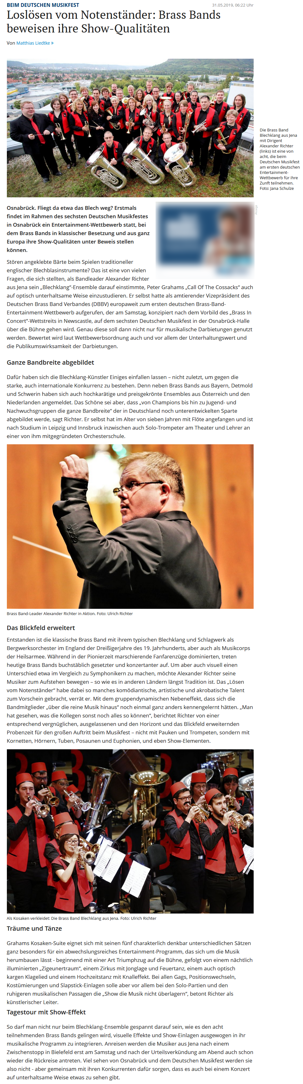 Artikel NOZ über die Teilnahme der Brass Band BlechKLANG am Brass Band Entertainment Wettbewerb in Osnabrück
