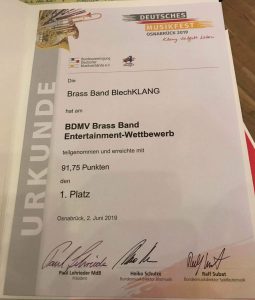 Urkunde Brass Band BlechKLANG Entertainment Wettbewerb