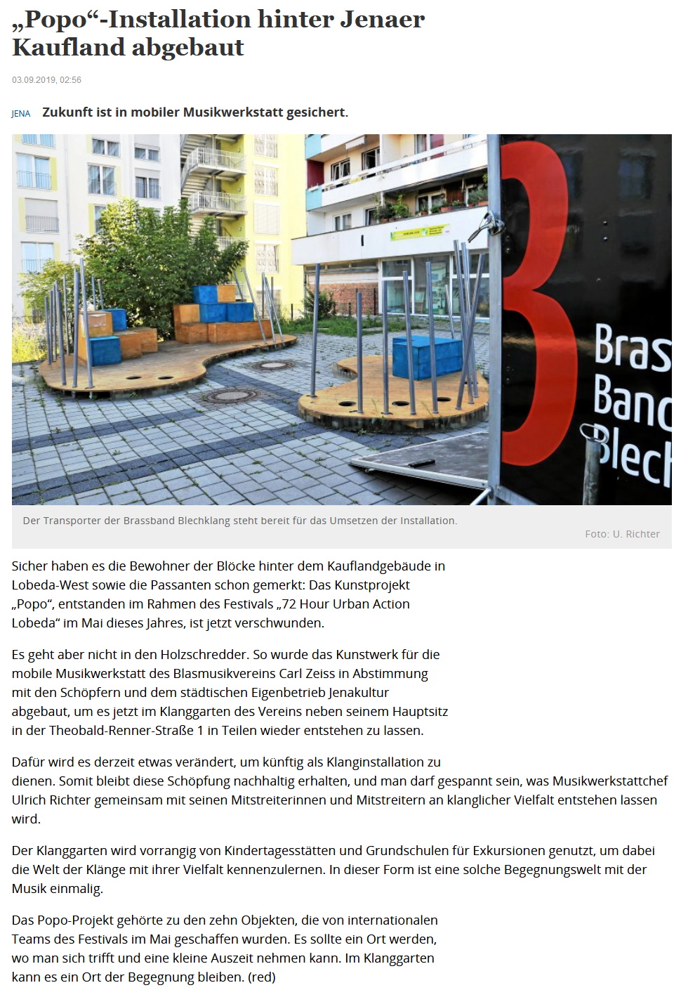 Artikel TLZ über neue Installation in KLANGgarten Orchesterschule KLANGwelt