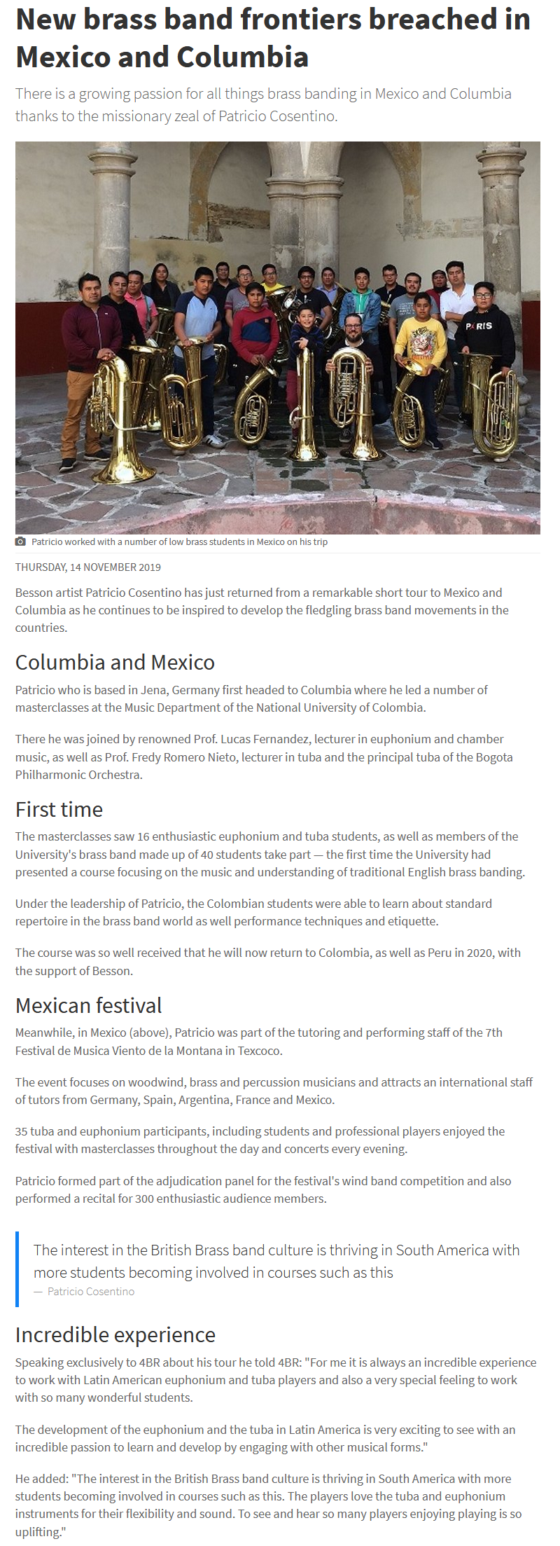 Artikel 4barsrest über die Konzertreise von Patricio Cosentino nach Mexiko und Kolumbien