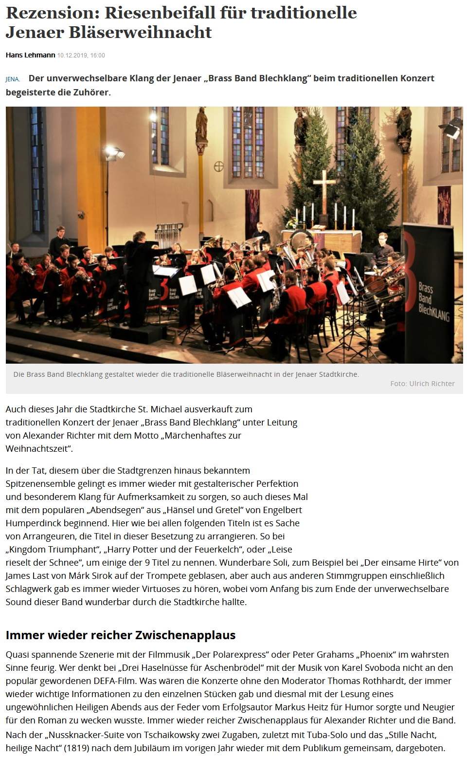 Artikel TLZ Rezension Großes Weihnachtskonzert Brass Band BlechKLANG