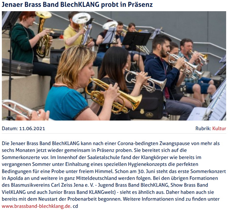 Artikel JenaTV Präsenzproben Brass Band BlechKLANG