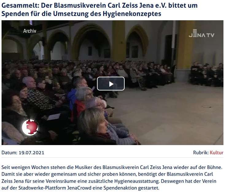 Beitrag JenaTV Crowdfunding Blasmusikverein Carl Zeiss Jena Hygienekonzept