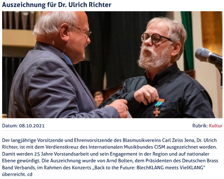 Artikel JenaTV Verdienstkreuz für Ulrich Richter Blasmusikverein Carl Zeiss Jena