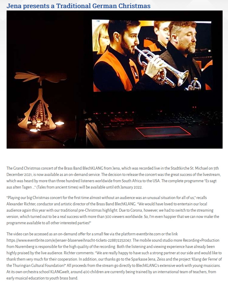 Artikel Brass Band World On Deman Stream für Jenaer Bläserweihnacht 2021