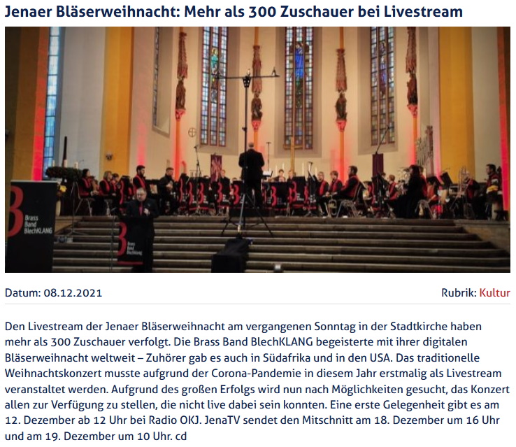 Artikel JenaTV Livestream zur Jenaer Bläserweihnacht 2021