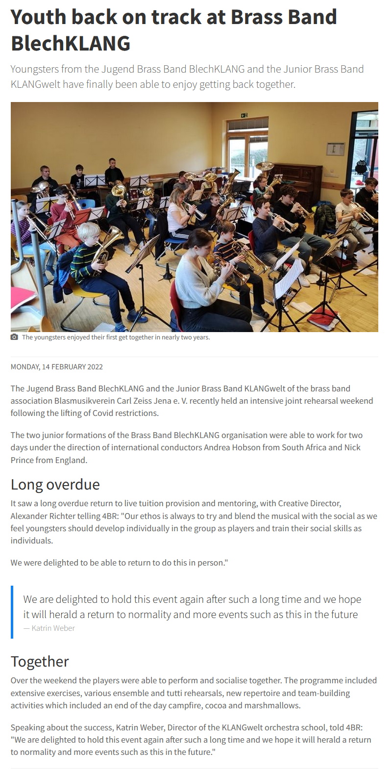 Artikel 4barsrest Probenwochenende Junior Brass Band KLANGwelt und Jugend Brass Band BlechKLANG 2022