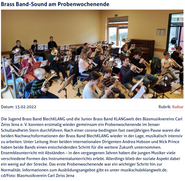 Artikel JenaTV Probenwochenende Jugend Brass Band BlechKLANG und Junior Brass Band KLANGwelt