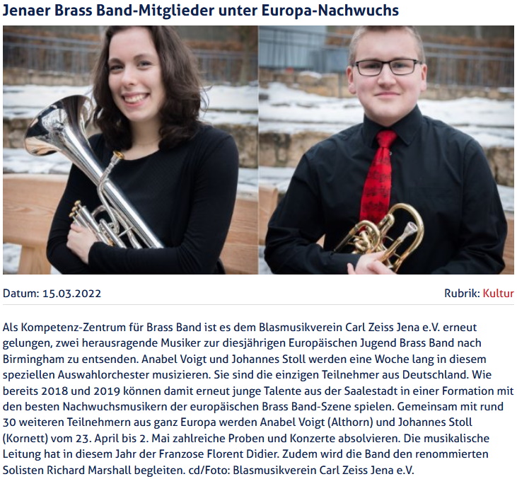 Artikel JenaTV Teilnahme Europäische Jugend Brass Band 2022