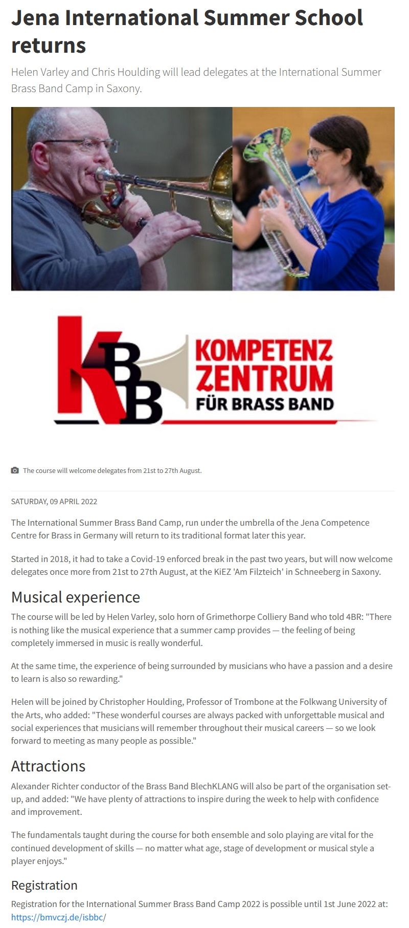 Artikel 4barsrest International Summer Brass Band Camp 2022