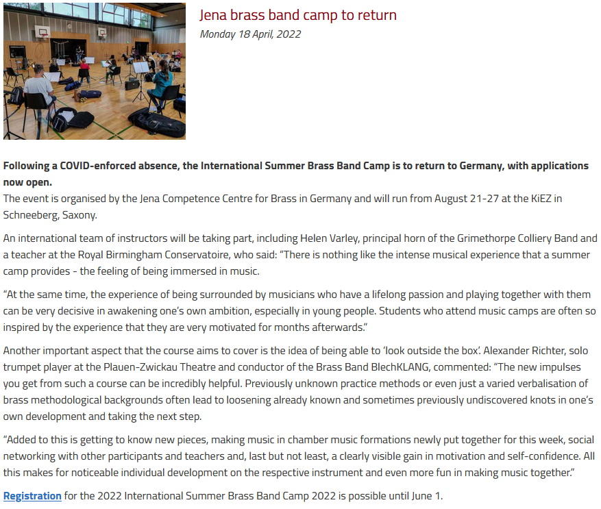 Artikel British Bandsman International Summer Brass Band Camp 2022