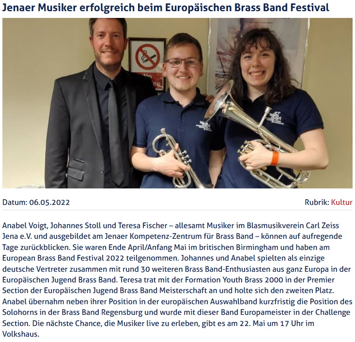 Artikel JenaTV Anabel und Johannes beim European Brass Band Festival 2022