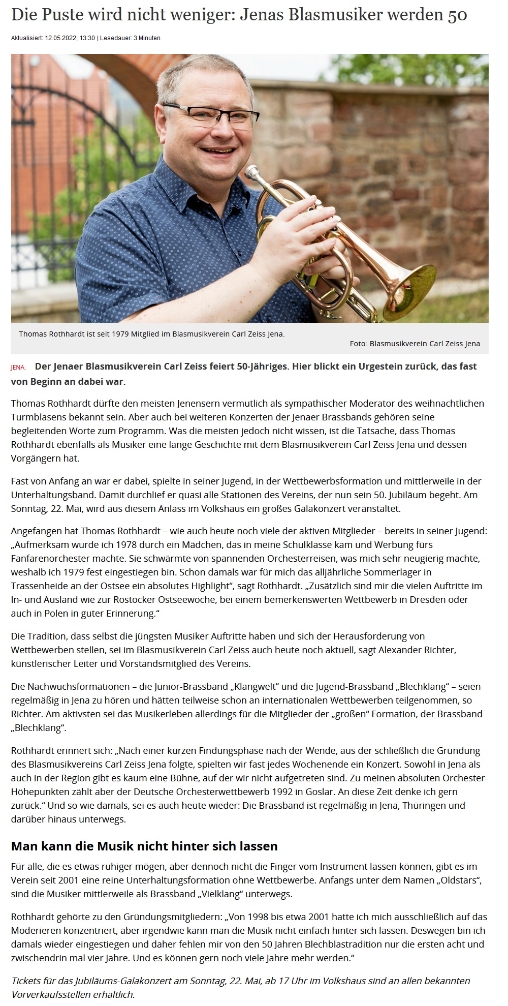 Artikel OTZ Thomas Rothhardt und der Blasmusikverein Carl Zeiss Jena