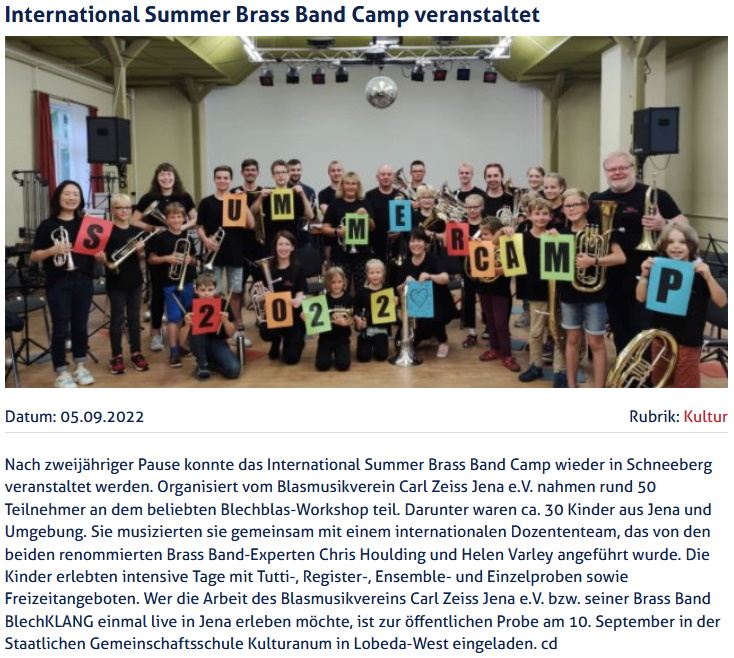 Artikel JenaTV International Summer Brass Band Camp 2022