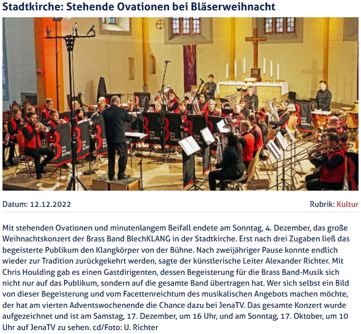 Artikel JenaTV Großes Weihnachtskonzert Brass Band BlechKLANG 2022
