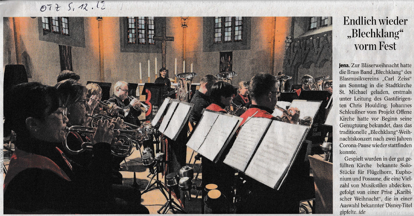 Artikel OTZ Auswertung Bläserweihnacht 2022 Brass Band BlechKLANG