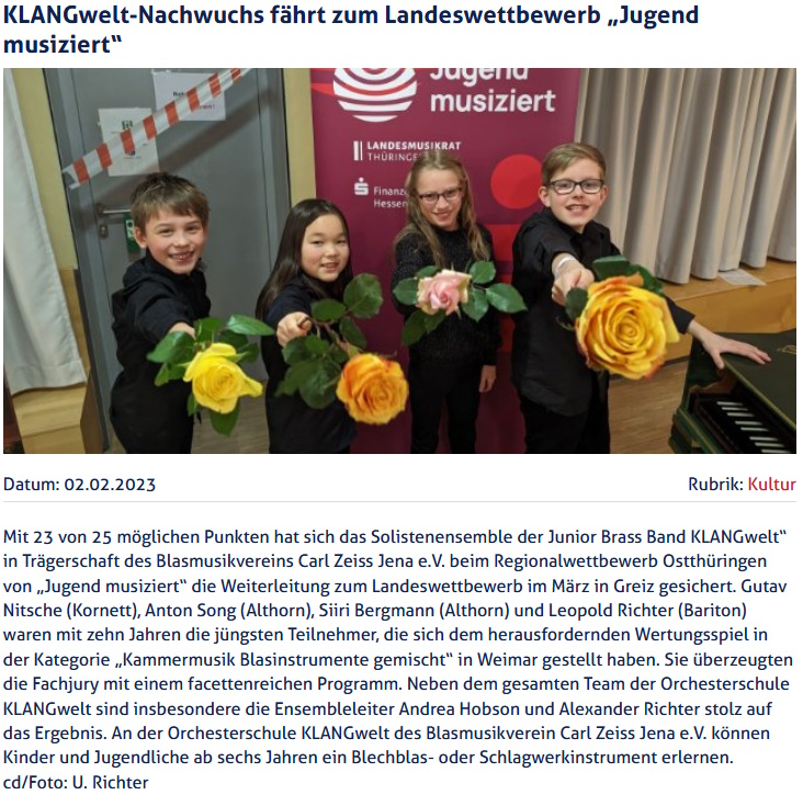 Artikel JenaTV Jugend musiziert 2023 Regionalwettbewerb BlechKLANG KLANGwelt