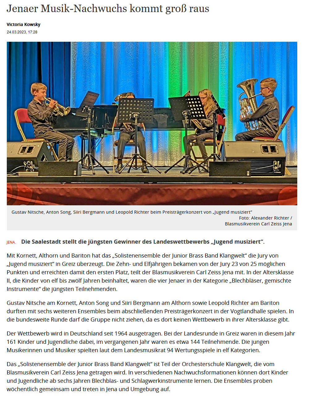 Artikel OTZ Landeswettbewerb Jugend musiziert 2023