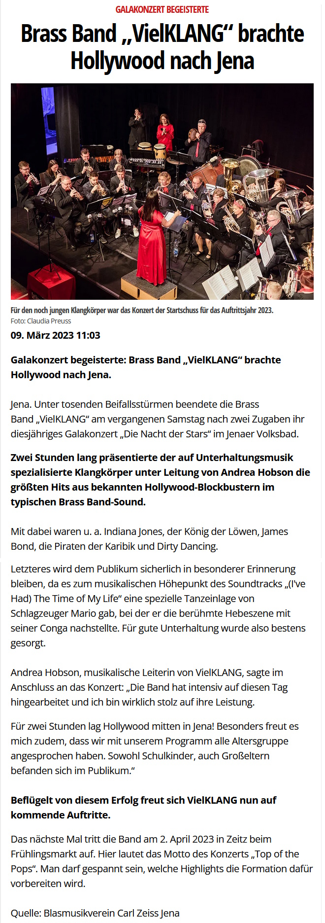 Online-Artikel von Jenaer-Nachrichten.de über Galakonzert 2023 der Brass Band VielKLANG