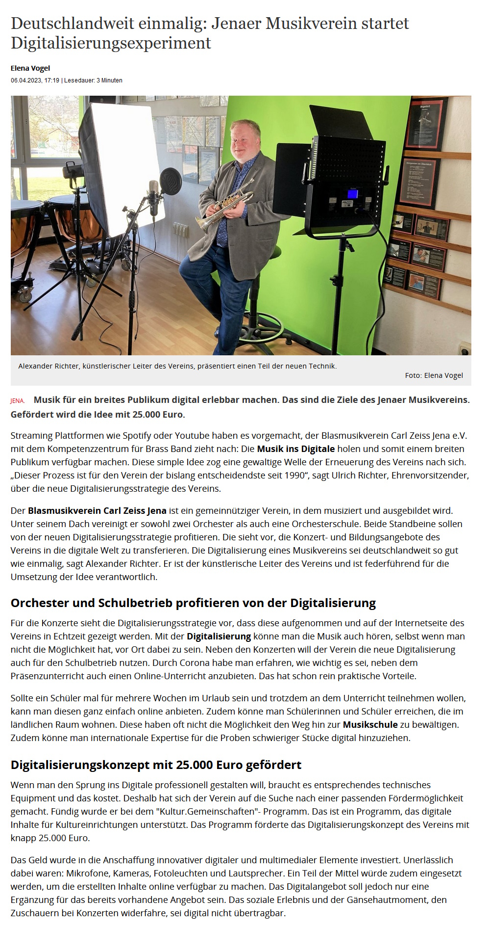 Artikel OTZ Digitalisierung Blasmusikverein Carl Zeiss Jena e.V