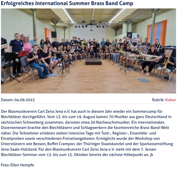 Artikel JenaTV International Summer Brass Band Camp 2023