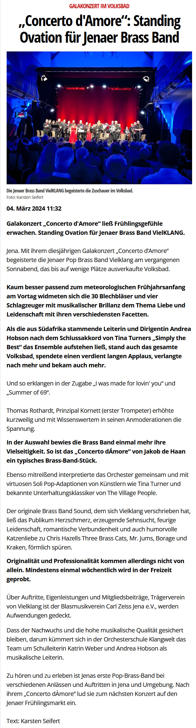 Online-Artikel von Jenaer-Nachrichten.de über Galakonzert 2024 der Brass Band VielKLANG