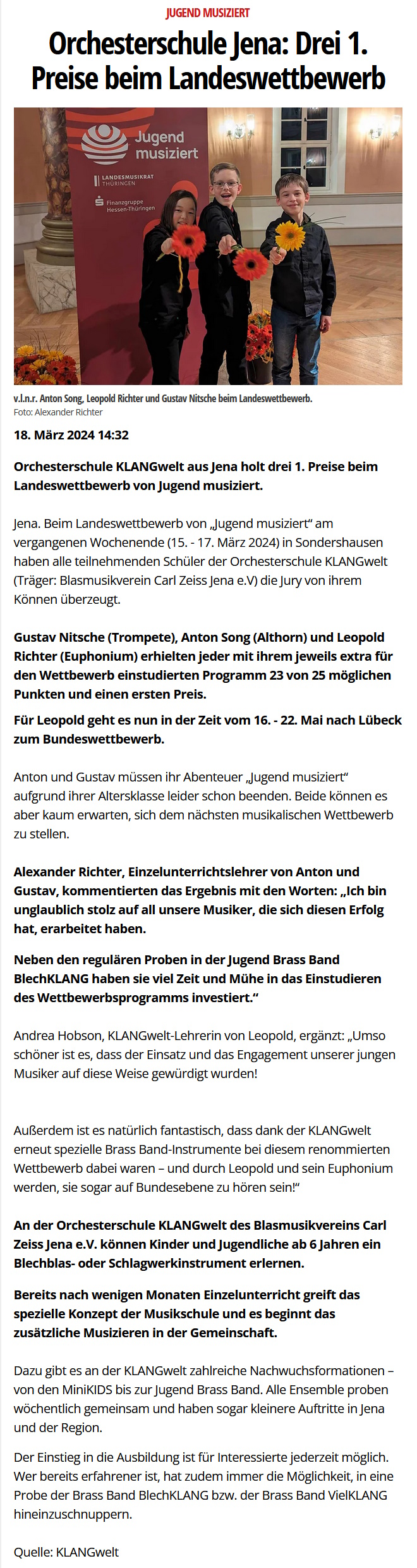 Online-Artikel von Jenaer-Nachrichten.de über die KLANGwelt beim Landeswettbewerb von Jugend musiziert 2024