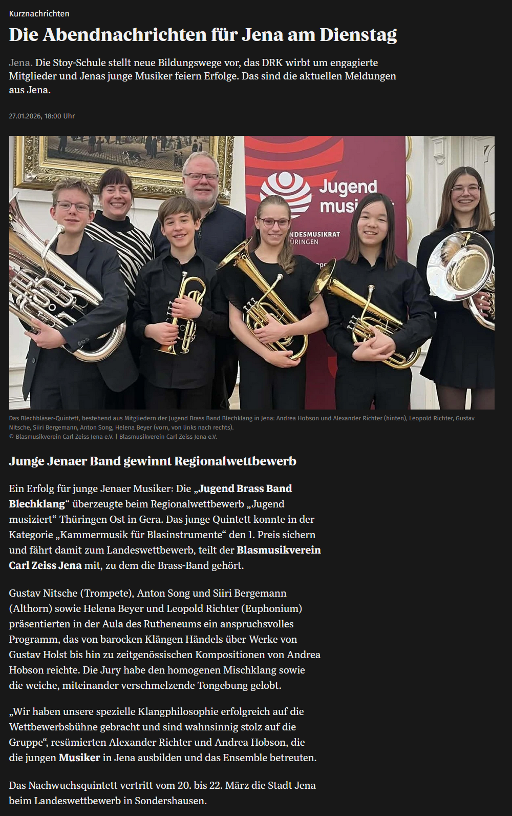 Online-Artikel der OTZ über die Erfolge der Orchesterschule KLANGwelt bei Jugend musiziert 2026