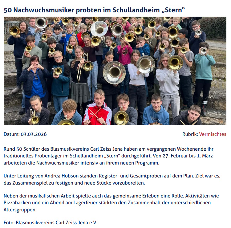 Artikel JenaTV 2026 Probenwochenende Jugend Brass Band BlechKLANG und Junior Brass Band KLANGwelt