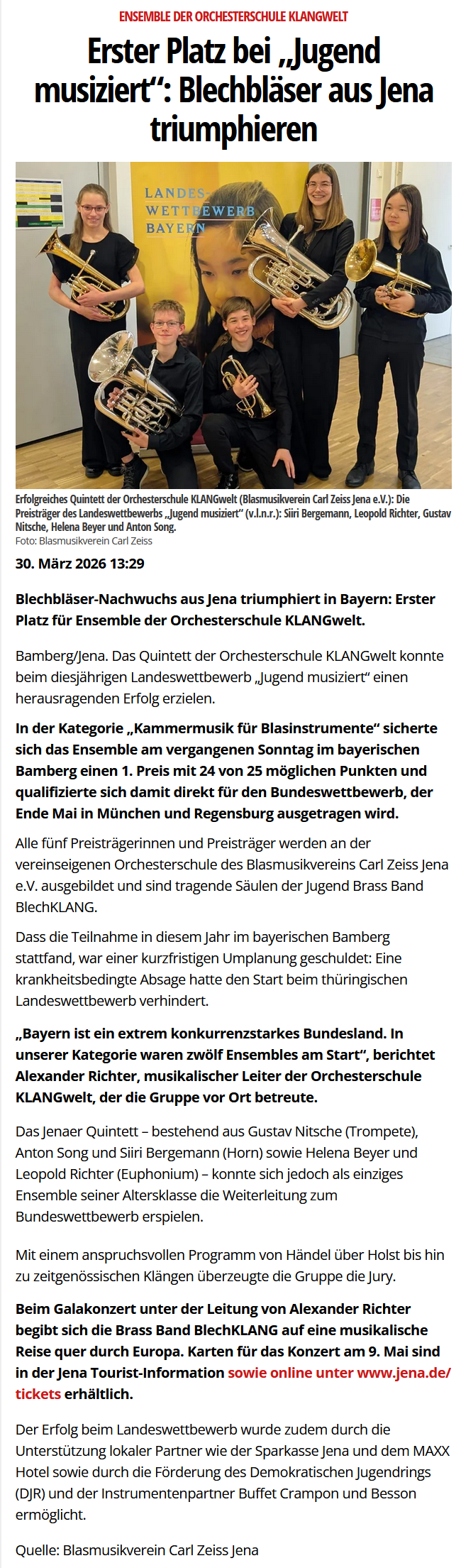 Online-Artikel von Jenaer-Nachrichten.de über die Erfolge der Jugend Brass Band BlechKLANG beim Landeswettbewerb Jugend musiziert 2026