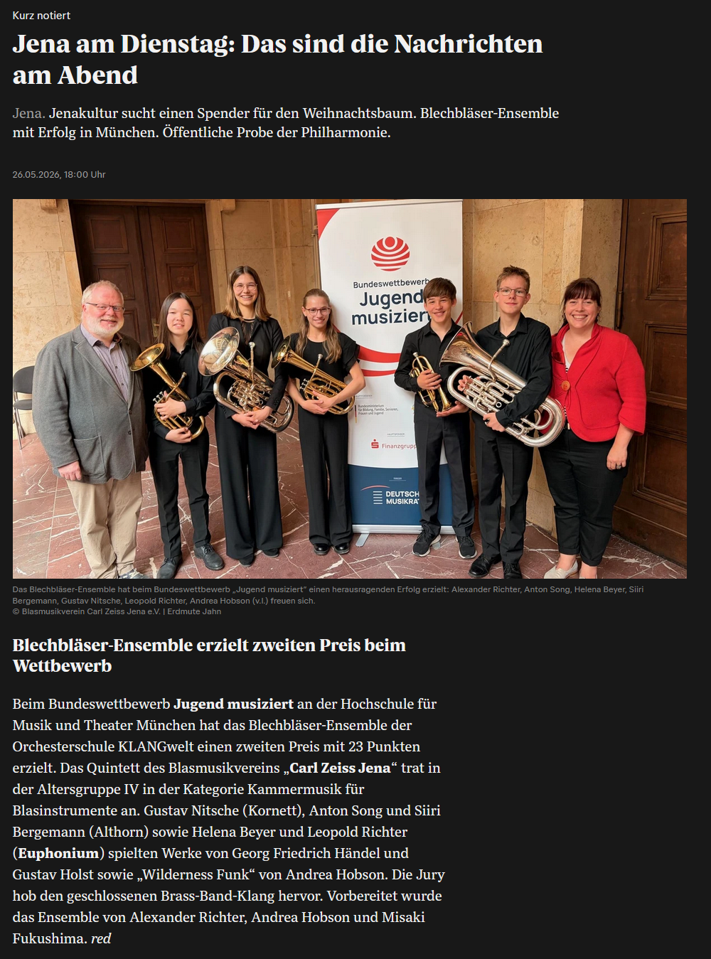 Online-Artikel der OTZ über die Erfolge der Orchesterschule KLANGwelt beim Bundeswettbewerb Jugend musiziert 2026