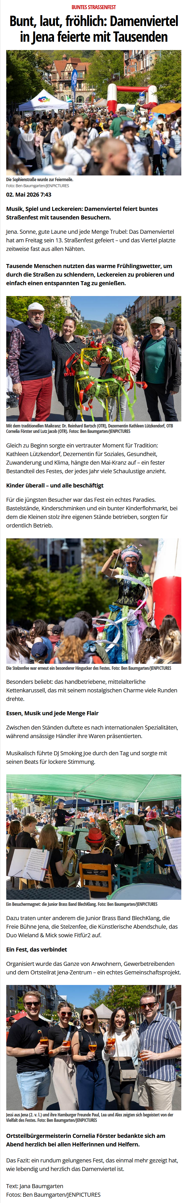 Online-Artikel von Jenaer-Nachrichten.de über das Damenviertelfest 2026 und die Teilnahme der Jugend Brass Band BlechKLANG