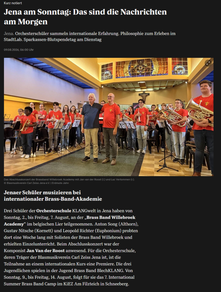 Online-Artikel der OTZ über die Brass Band Willebroek Academy mit Jenaer Beteiligung